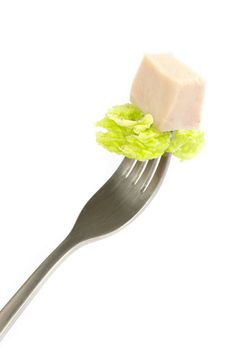Meat on a fork isolated on white background