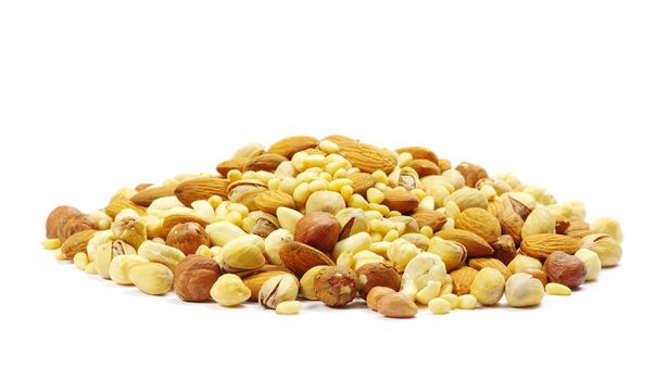 Assorted mixed nuts on white background