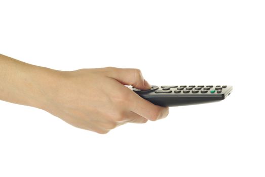 A hand holding a remote control isolated over a white background