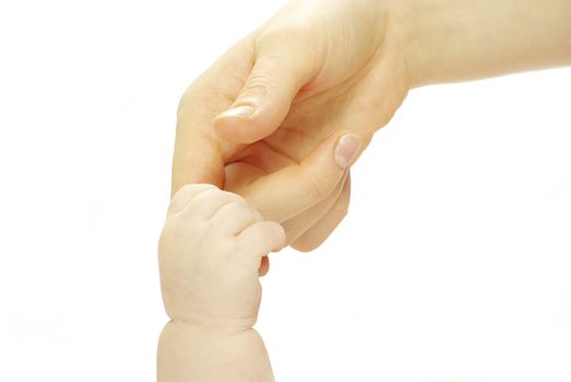 Baby hand holding mother finger isolated on white