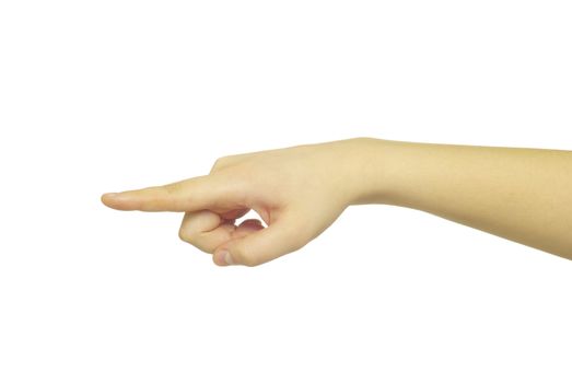  hand pointing with index finger against a white background