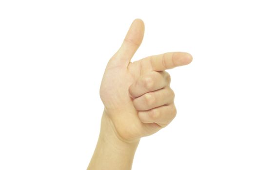 hand pointing with index finger against a white background