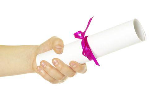 Diploma with a red ribbon in hand isolated on white 