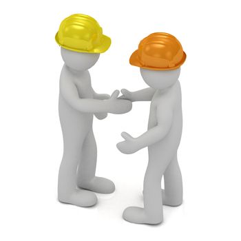Two construction workers in hard hats shaking hands after putting constructed house
