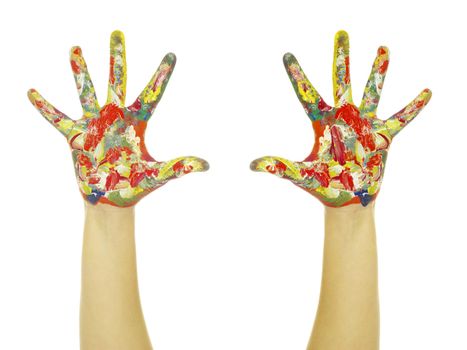 hands painted in colorful paints on white