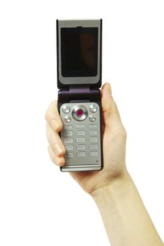 a hands holding a mobile phone for support     
