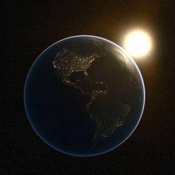 Dark side of earth, only lit by the bright city lights of America. Earth maps courtesy of NASA: http://visibleearth.nasa.gov/