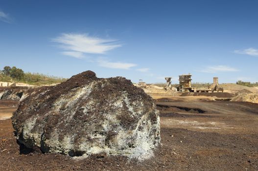 Damaged buildings in São Domingos Mine, a deserted open-pit mine in Mertola, Alentejo, Portugal. This site is one of the volcanogenic massive sulfide ore deposits in the Iberian Pyrite Belt, which extends from the southern Portugal into Spain