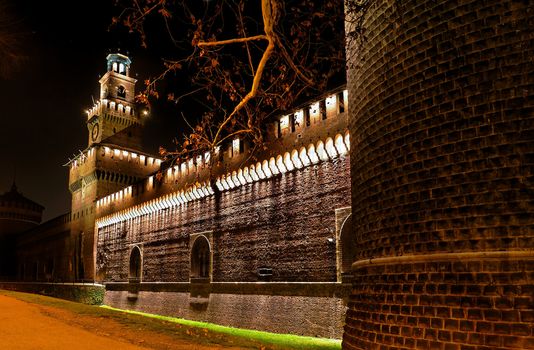 mediaeval castle at night - Castello Sforzesco - Milan Italy
