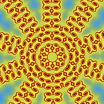 An abstract circular pattern done in shades of orange, yellow, blue, green, and black.