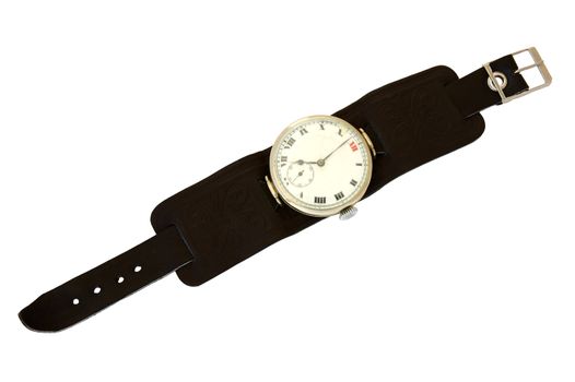 Old  wrist watch with leather wristlet on overwhite background.