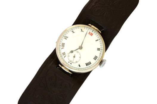 Old  wrist watch with leather wristlet on overwhite background.