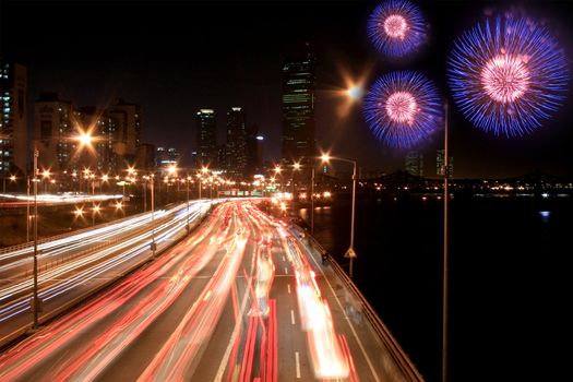 Busy highway with fireworks in Seoul Korea