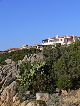 Porto Cervo, Emerald coast, houses in pastel inks, Sardinia. Porto Cervo, Costa Smeralda, Smaragdküste.