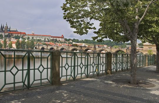 Vista of Prague near the Charles Bridge on the left shore of the Vltava river .