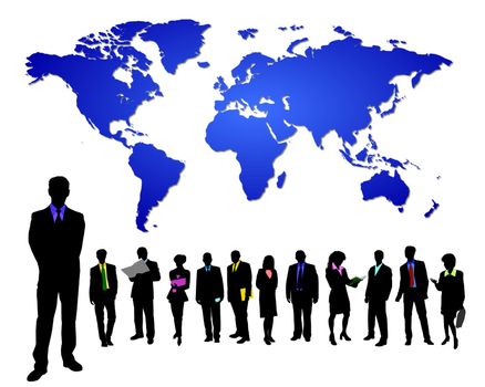 illustration of business silhouettes in front of a worldmap