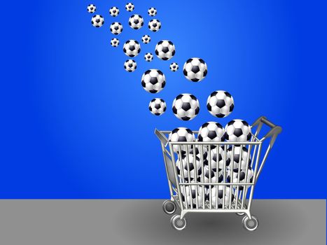 illustration of a shopping cart and flying soccer balls