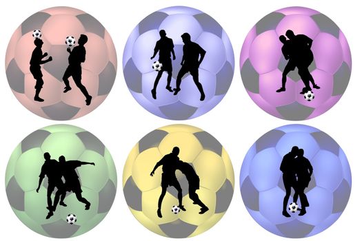 six soccer balls in different colors