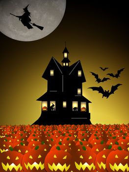 witch flying by a halloween house in front of the moon