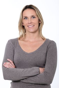 blond woman smiling isolated over a white background 