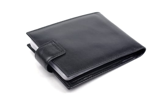 Unused black leather business card holder isolated on white background.