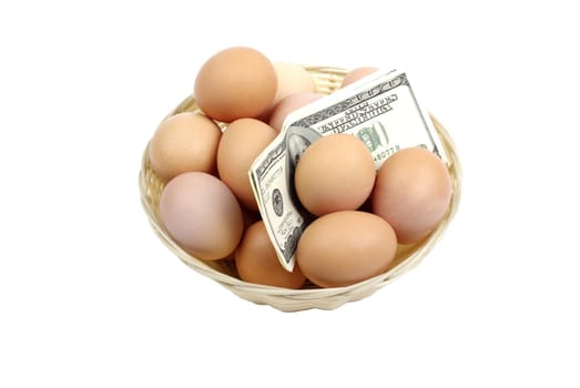 Eggs with dollars in basket isolated on white background. Financial concept. Studio Shot.