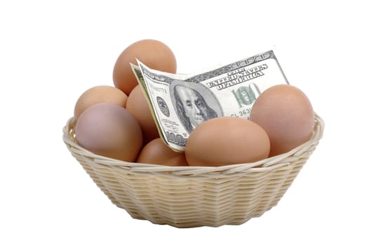 Eggs with dollars in basket isolated on white background. Financial concept.