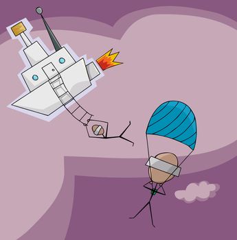 Stick figures jump out of a fantasy airship