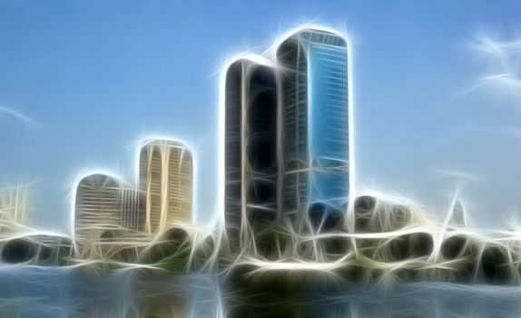 Digitally rendered fractal sketch of cityscape in Cairo, Egypt. Nile river below.