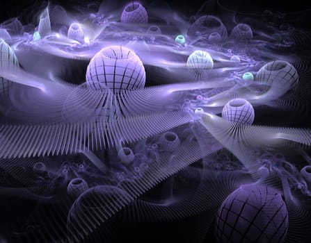 Abstract digitally rendered fractal puprple world in space on black.