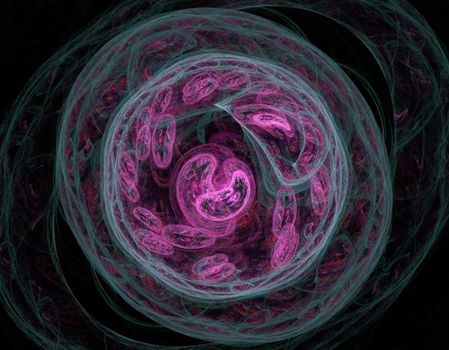 Digitally rendered abstract fractal biological cell on black.