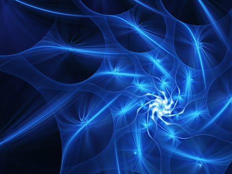 Digitally rendered high quality abstract fractal blue swirl in space.