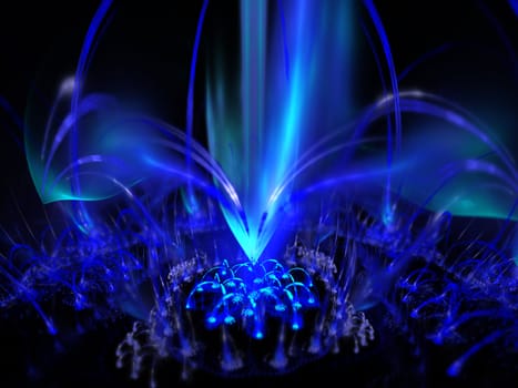 Digitally rendered blue fountain of plasma flame on black.