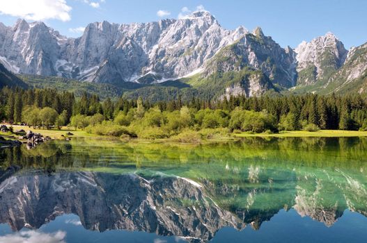 Lago di Fusine and monte Mangart reflex on lake