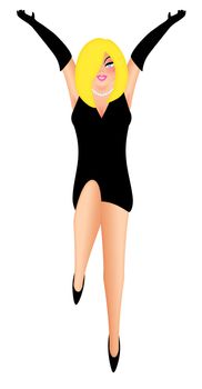 Sexy Blonde Hair Woman with Black Dress and Stretched Arms Illustration Isolated on White