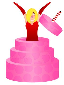 Sexy Blonde Hair Woman with Red Dress Jumping Out of Birthday Cakes Illustration Isolated on White