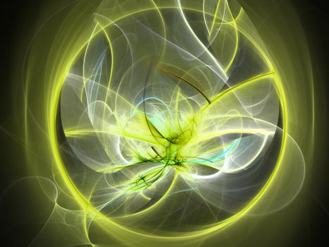 Digitally rendered abstract yellow butterfly in circle with energy waves. Background or wallpaper.