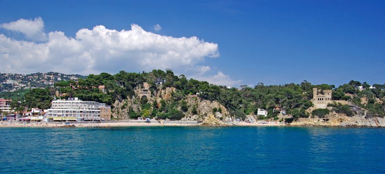 Cityscape of Lloret de Mar from sea, Costa Brava, Spain. 