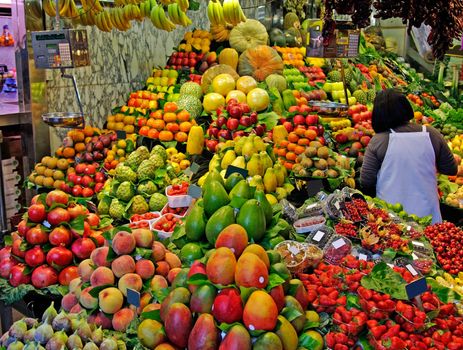 La Boqueria, fruits. World famous Barcelona market, Spain. Selective focus.