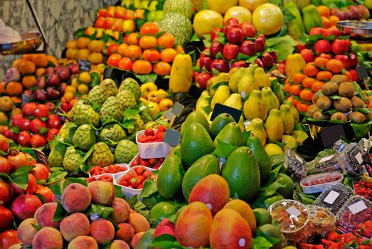 La Boqueria, fruits. World famous Barcelona market, Spain. Selective focus.