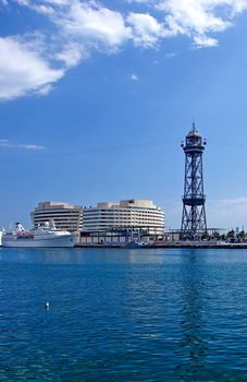 Cityscape of Barcelona harbour with ropeway. Spain, Europe.