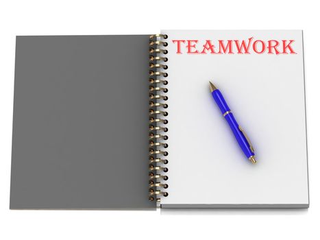TEAMWORK word on notebook page and the blue handle. 3D illustration on white background