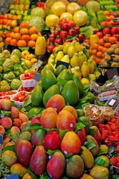 La Boqueria fruits. World famous Barcelona market, Spain.