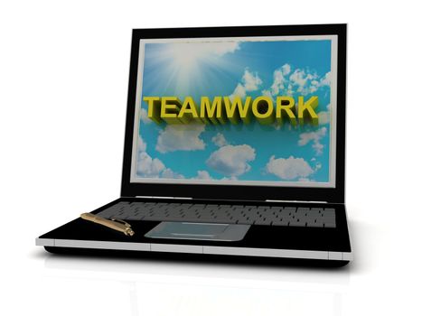 TEAMWORK sign on laptop screen of the yellow letters on a background of sky, sun and clouds