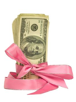 United States Currency Wrapped in a Pink Ribbon as a Gift