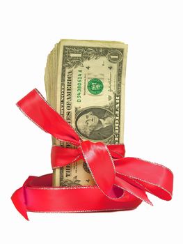 United States Currency Wrapped in a Red Ribbon as a Gift