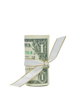 A single US One Dollar Bill rolled and tied with a white and gold ribbon. 