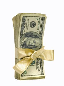 United States Currency Wrapped in a Gold Ribbon as a Gift Hundreds