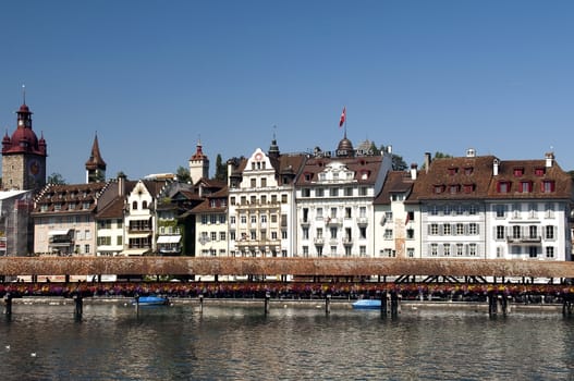 Cityscape of Lucerne with the Chapel Bridge.