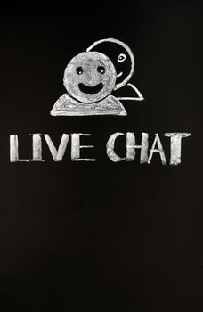 Live chat button with human figures drawn with chalk on a blackboard